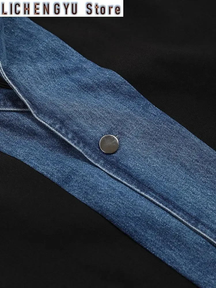 Women Dark Blue Deinm Spliced Big Size Blazer New Lapel Long Sleeve Loose Fit Jacket Fashion Spring Autumn