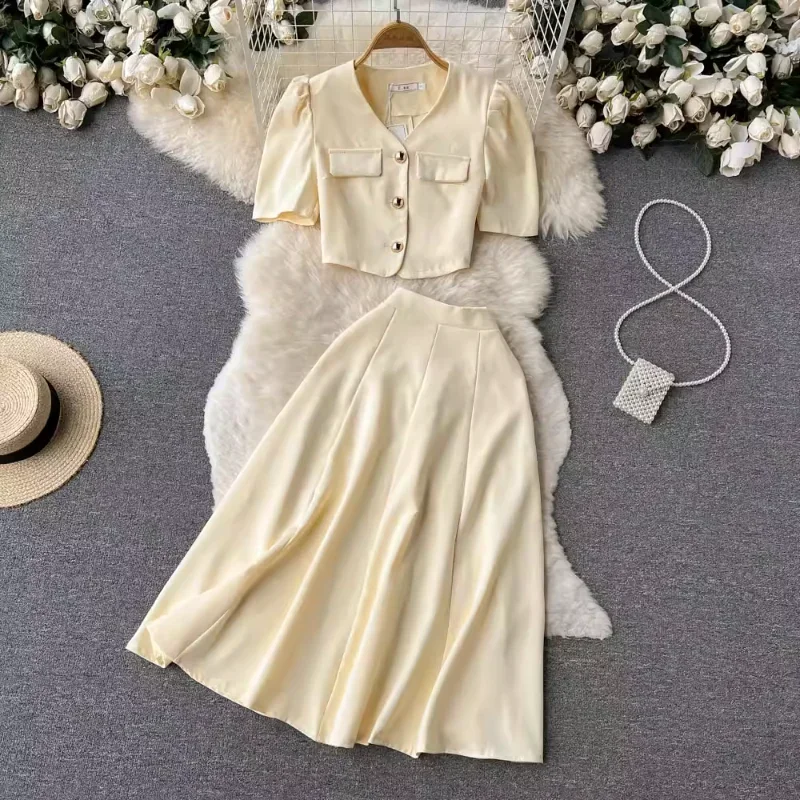 

Ladies Temperament Two-piece Suit Summer New Female Short Bubble Sleeve Shirt Top High Waist Slim Skirt Dress Girl