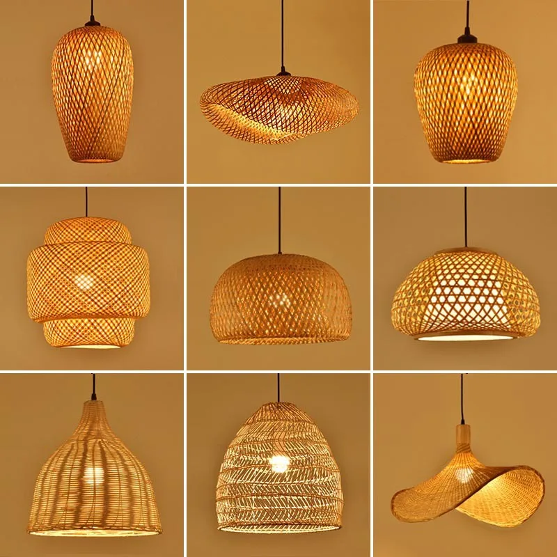 

Pendant Bamboo Ceiling Chandelier Base Hand-Woven Rattan Wicker Lustrous LED Light Bulbs Hanging Home Dining Decoration Lighting