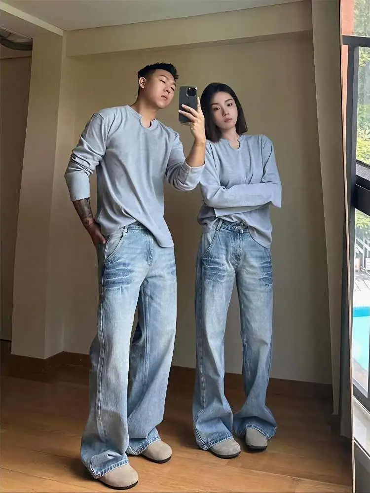 

Мужские джинсы Waed с синим узором в виде молнии, прямые брюки-клеш, модные, в стиле High Street, длинные, осенняя мода