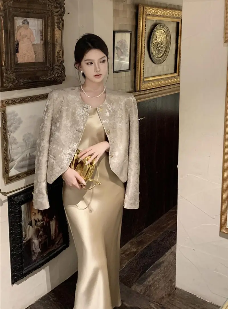 FIGOHR Luxurious Champagne Gold Short Jacket and Satin Slip Dress Set Satin camisole long skirt Women Two Piece Set autumn 2024