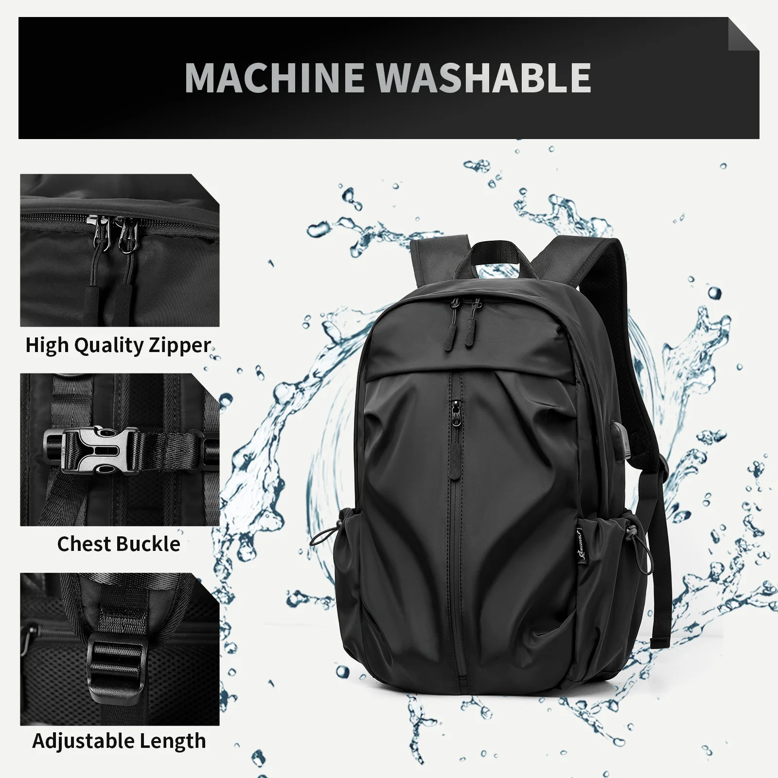 Black Carry on Backpack for Men Women Waterproof College Backpack Lightweight Small Laptop Travel Backpack Hiking Casual Daypack