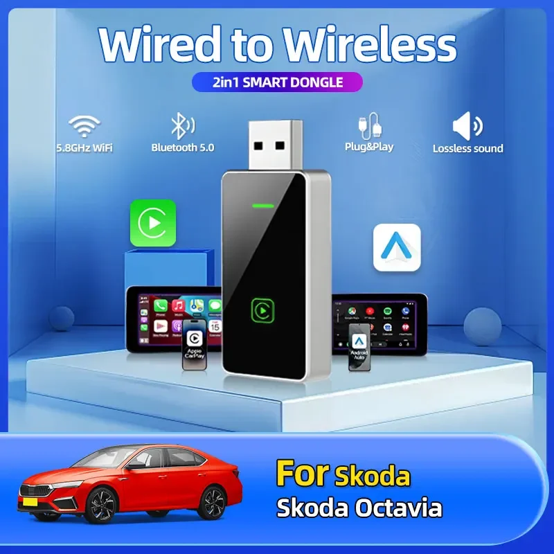 

2025 Fashion New Car Styling 2in1 Wired To Wireless Car Play Adapter OEM Car Stereo With USB Plug And Play For Skoda Octavia