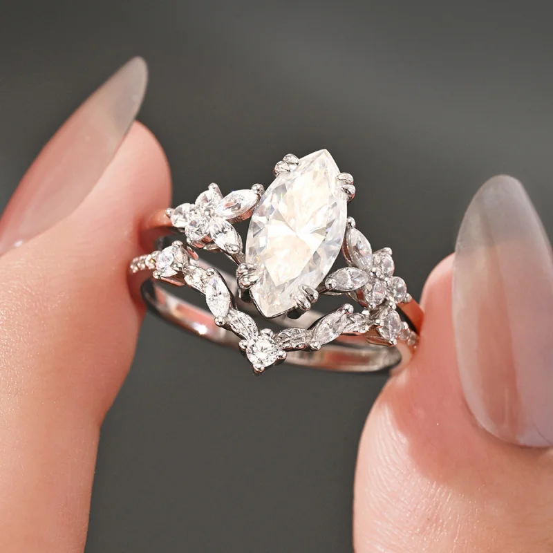 S925 Silver Gold-Plated 2-in-1 Lab-Grown Diamond Moissanite Marquise V-Shaped Engagement Ring Set Wholesale Customization