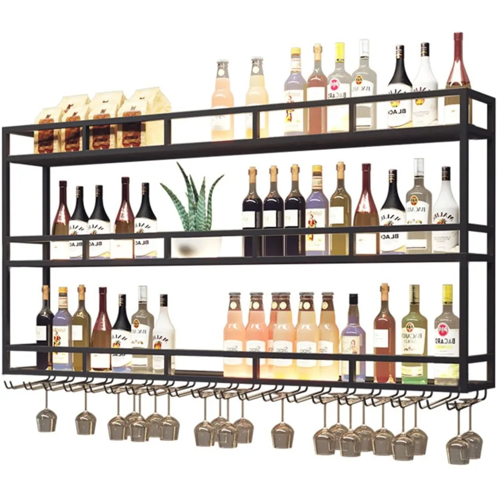 Large Heavy Duty 39in Wine Rack with LED Wall Mounted Bottle Glass Holder Under Shelf, 3-Tiers Liquor Floating Shelves Display S