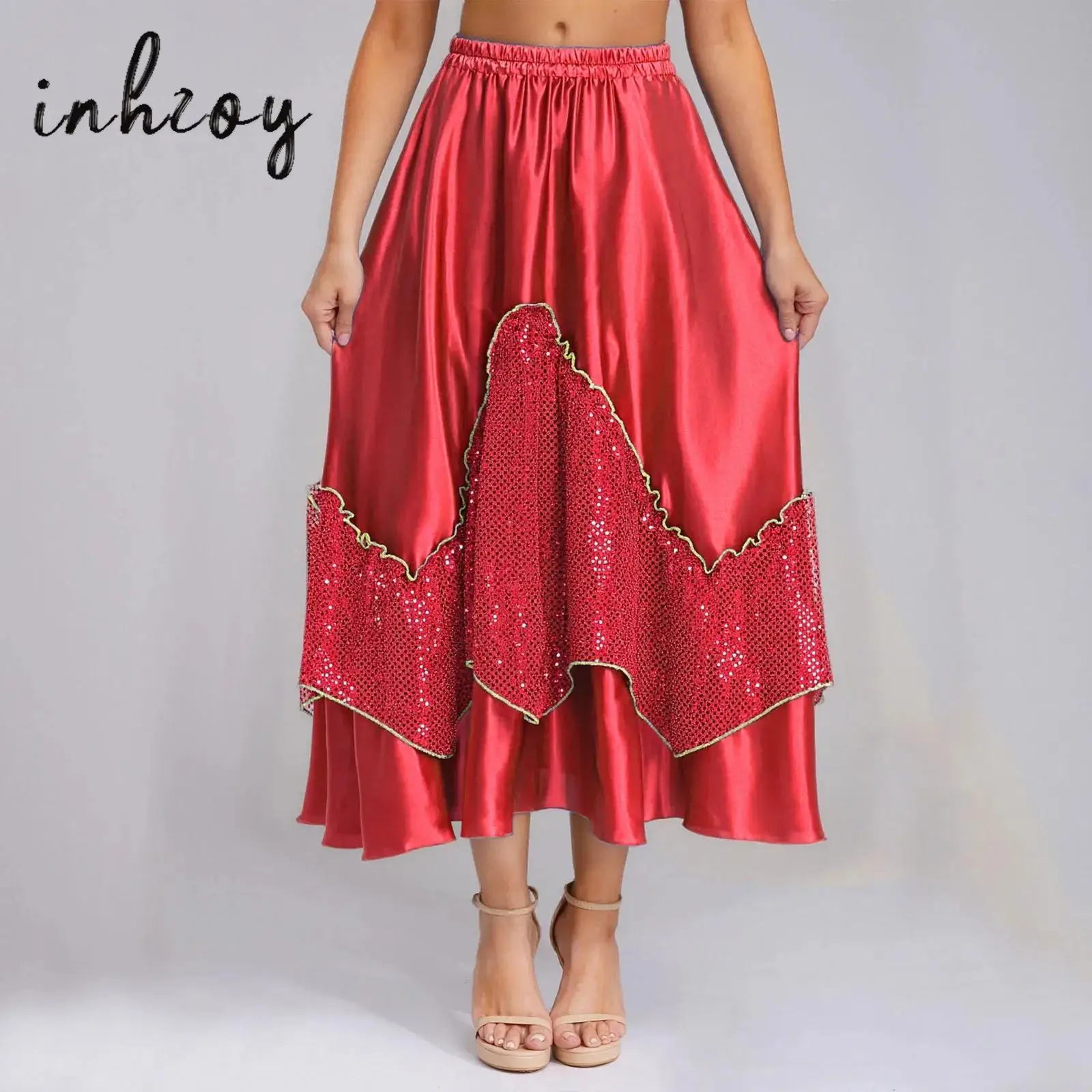 Gypsy Woman Spanish Flamenco Skirt Satin Silk Big Swing Carnival Party Ballroom Bullfight Belly Dance Stage Performance Costume