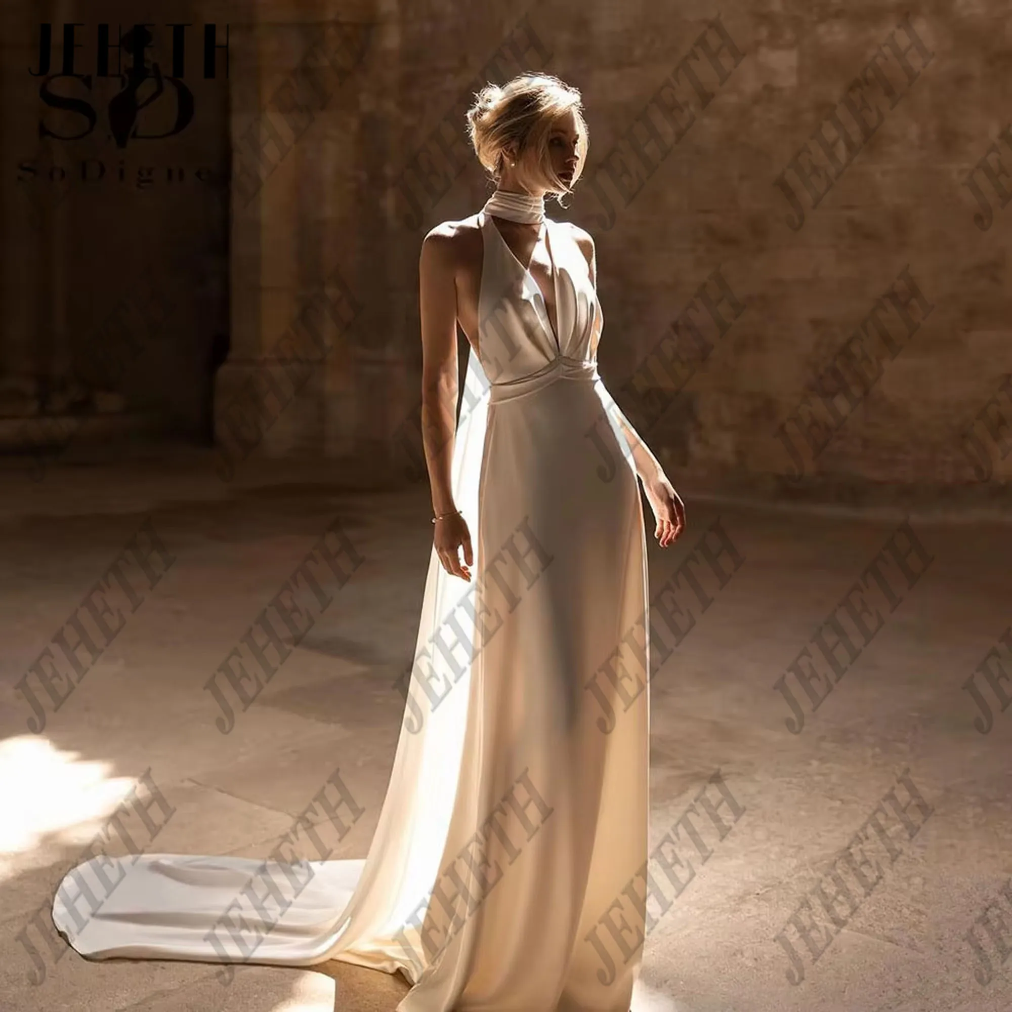 JEHETH elegante vestidos de novia de satén 2025 de lujo con cuello en V Halter playa vestido de novia largo sin mangas vestidos de novia bohemios personalizados Jeheth elegante vestido de novia de satén 2025 lujoso tir