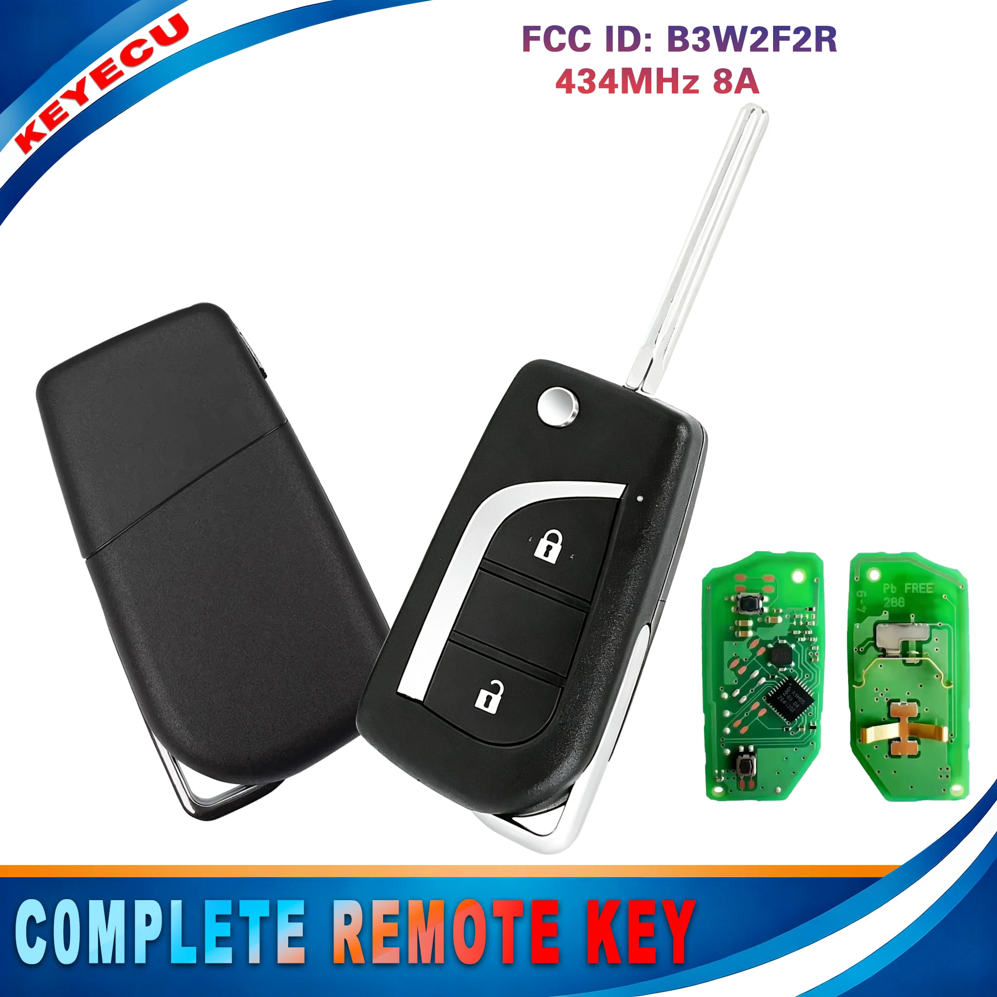 KEYECU for Toyota Aygo Avensis Yaris 2019-2025 Flip Remote Keyless Entry Key Fob 2 Buttons B3W2F2R 434MHz 8A TOY48 Blade