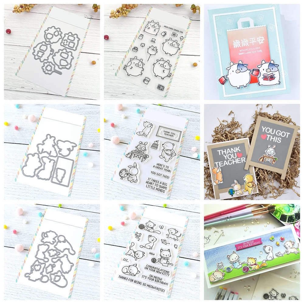 Metal Cutting Dies Clear Silicone Stamps Critter Bear Rabbit Fox Cat Thank You Gratitude Words DIY Thanksgiving Day Paper Cards