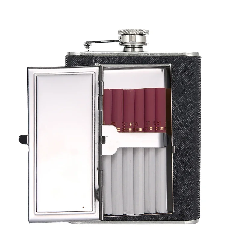 Pocket Whiskey Vodka Flasks for Alcohol with Cigarette Case Stainless Steel Portable Creative Alcohol Bottle Groomsmen Gift 6 Oz