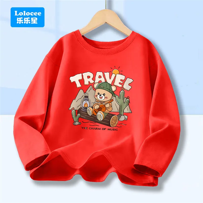 Kinder-T-Shirt, Reise-Cartoon-Bär spielt Gitarre, grafische Oberteile für Jungen, Frühlings-Herbst-Langarm-T-Shirts für Kinder XJT1