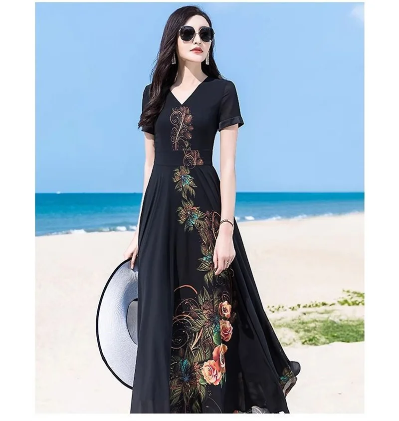 Elegant Summer Dress Short Sleeve High End fake Two-Piece Dress 2025 New Fashion Print Slim Fit And Slimming To Ankle Long Skirt