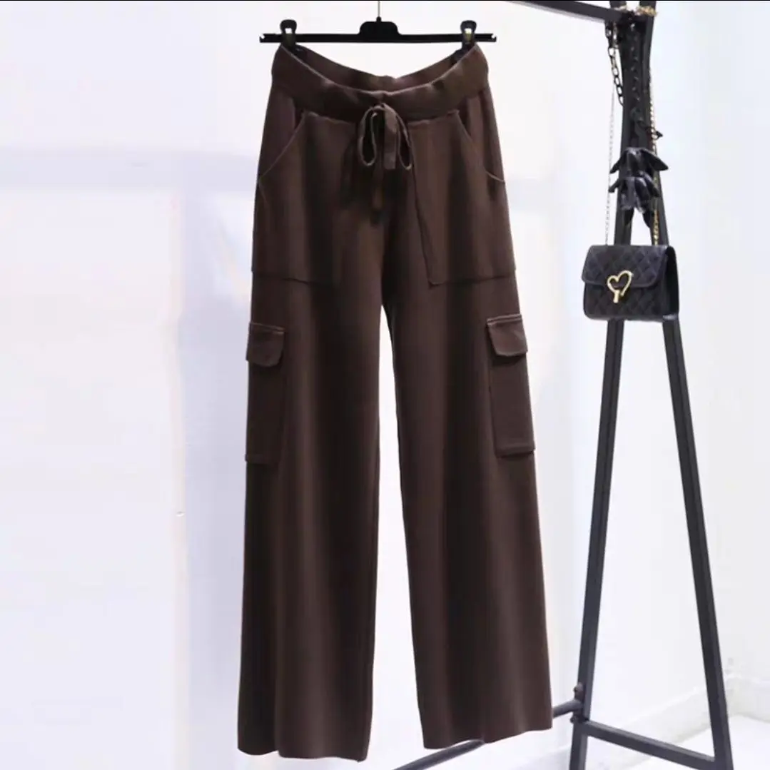 กางเกงไหมพรมผู้หญิงเอวสูงทรงขากระบอกตรงสไตล์เกาหลีสำหรับฤดูใบไม้ร่วงและฤดูหนาว ทรงเข้ารูปและหลวมสบาย