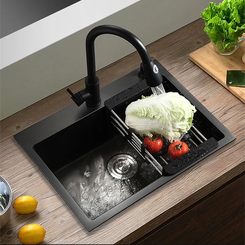 Grand lavabo à cuvette unique encastré à montage supérieur, évier de cuisine en acier inoxydable SUS304 fait à la main, éviers de cuisine noirs avec passoire à panier