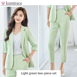 Green Summer Fashion Small Suit Women's Casual 3/4 Sleeve Upscale Pants Set Two Piece Set Korean Sets Womens Outfits Women Pants