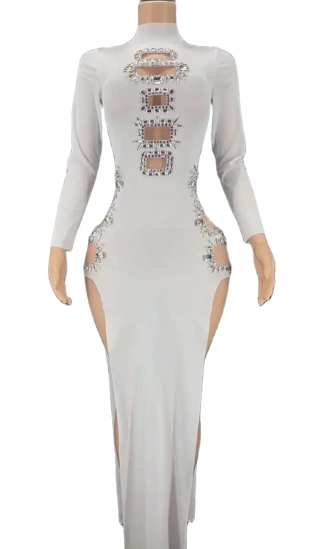 Sparkly Strass Frauen Langarm Cheongsam Sexy Kleid Nachtclub Sänger Tänzer Bühne Tragen Party Feiern Hohe Schlitz QiPao