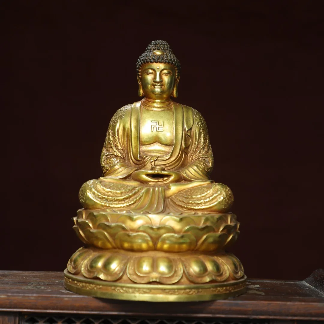 

12"Tibetan Temple Collection Old Bronze Gilded Cinnabar Amitabha Shakyamuni Sitting Buddha Lotus Buddha Terrace Worship Hall