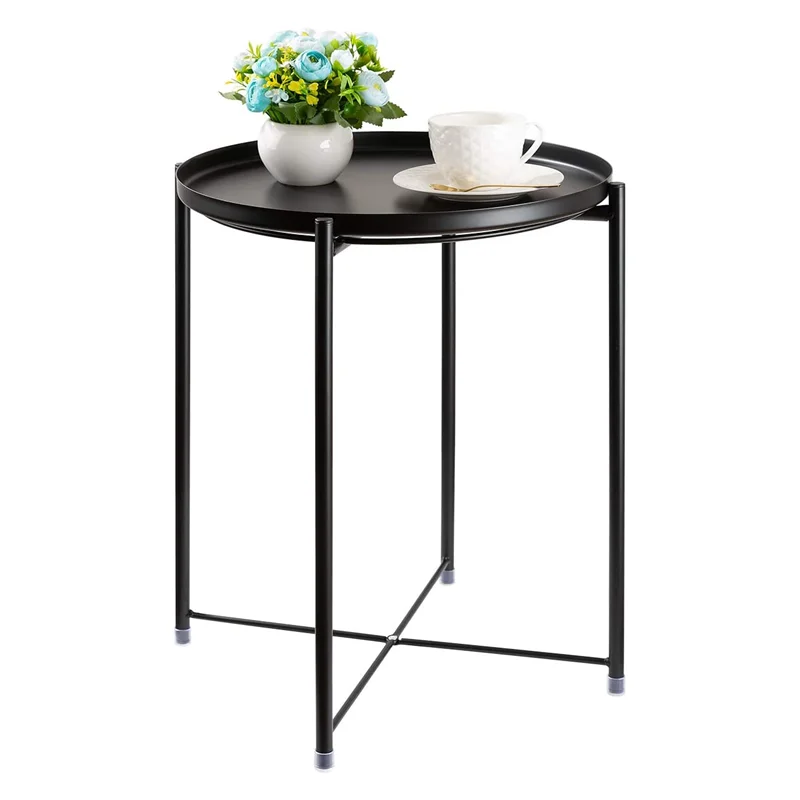

！@Combohome Industrial Furniture Tray Small Round End Table Modern Metal Black Folding Coffee Table Side Table