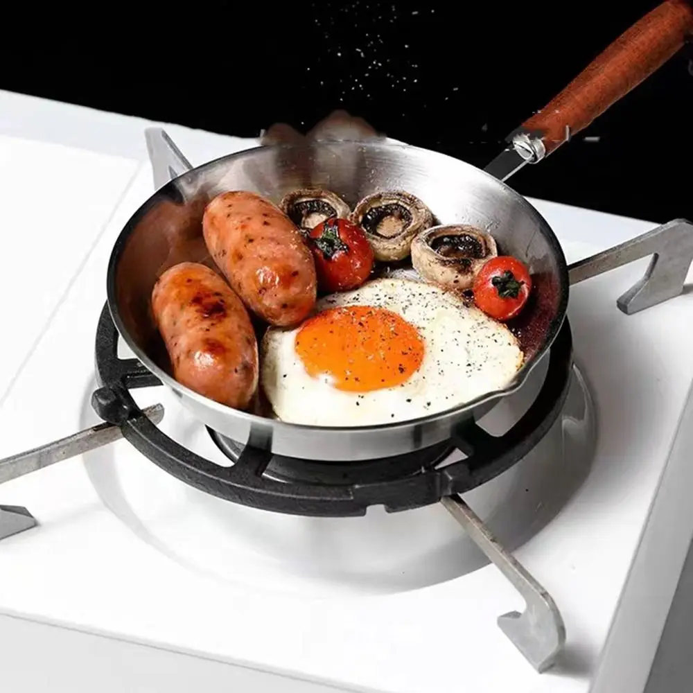 Oven Safe 304 Stainless Steel Frying Pan Easy To Clean Flat Bottom Wooden Handle Open Skillet Nonstick Small Cooking Pan Home