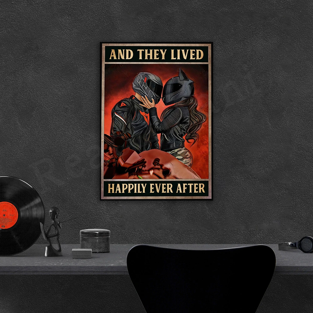 Motorcycle couple poster, love motorcycle, they live happily ever after poster, motorcycle racing poster, racing wall art