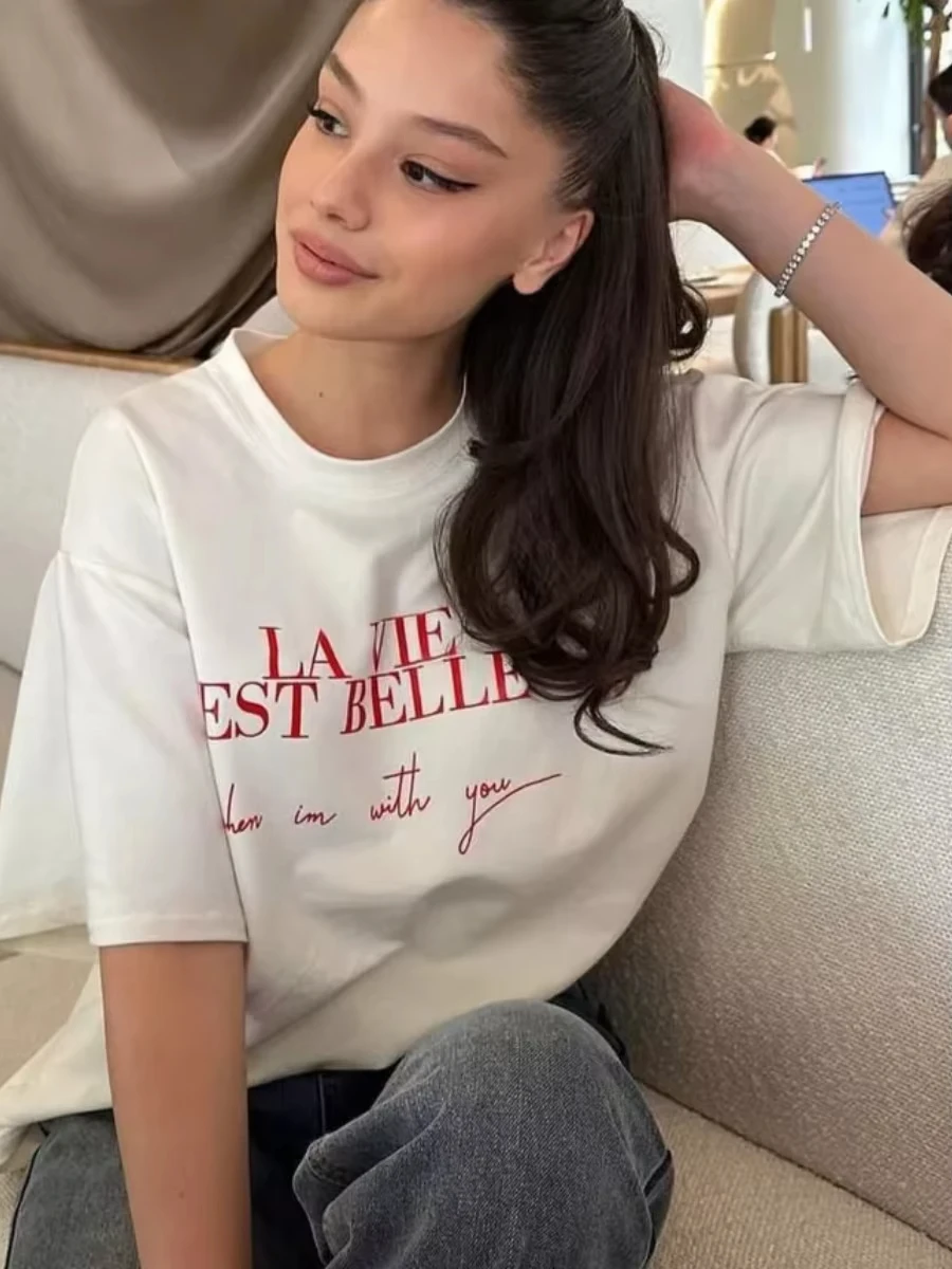 

Летняя женская футболка в американском стиле, средней длины, с принтом, универсальная, хлопковая, с коротким рукавом, с надписями, в уличном стиле