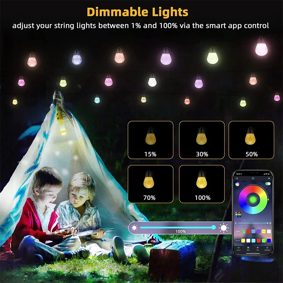 Guirxiété Lumineuse de Noël avec Application Intelligente, 25 Ampoules Globe, 48 Pieds, Éclairage Extérieur, Jardin, ixdans l'Arrière-Cour, Diviseur de Musique