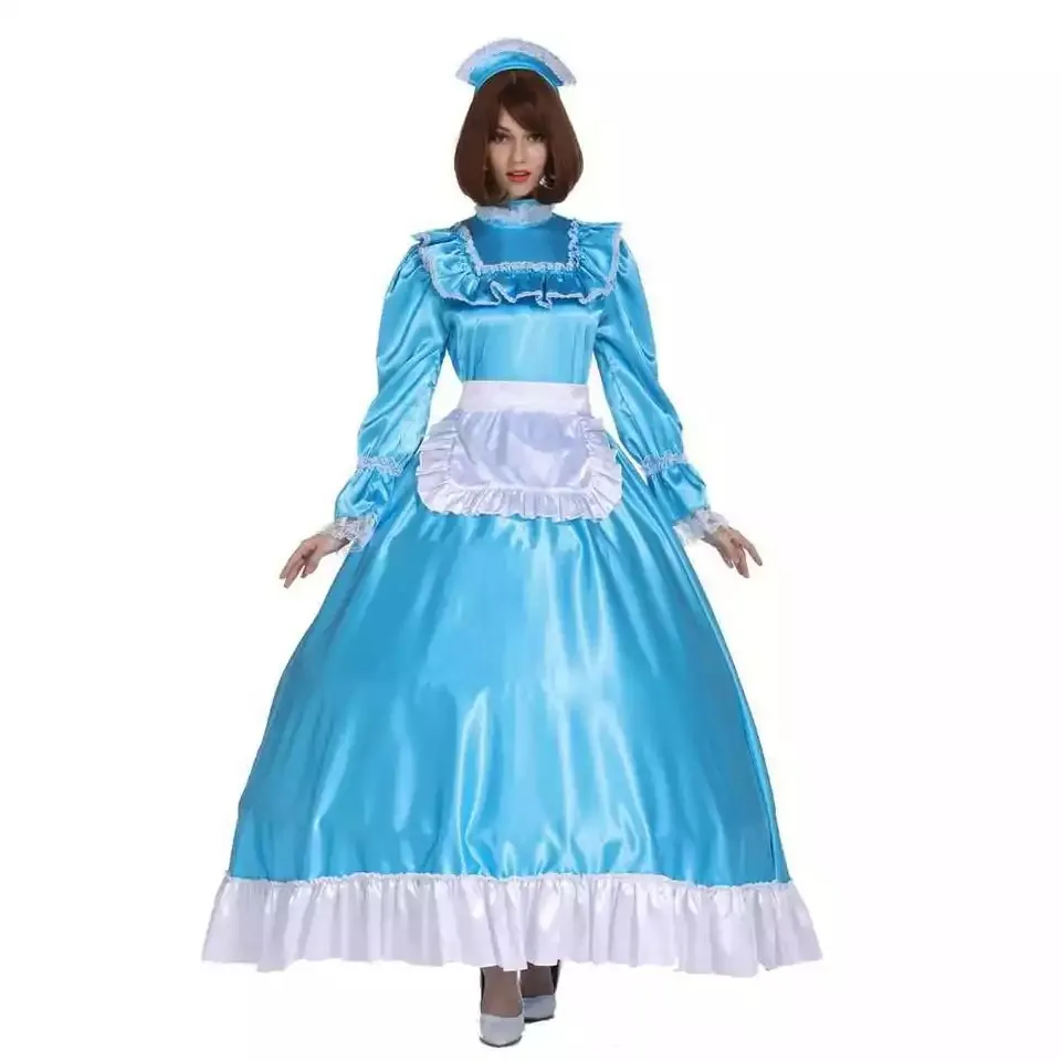 

Sissy Girl Lockable Blue Satin Long Dress Maid Cosplay Costumes Tailor-made