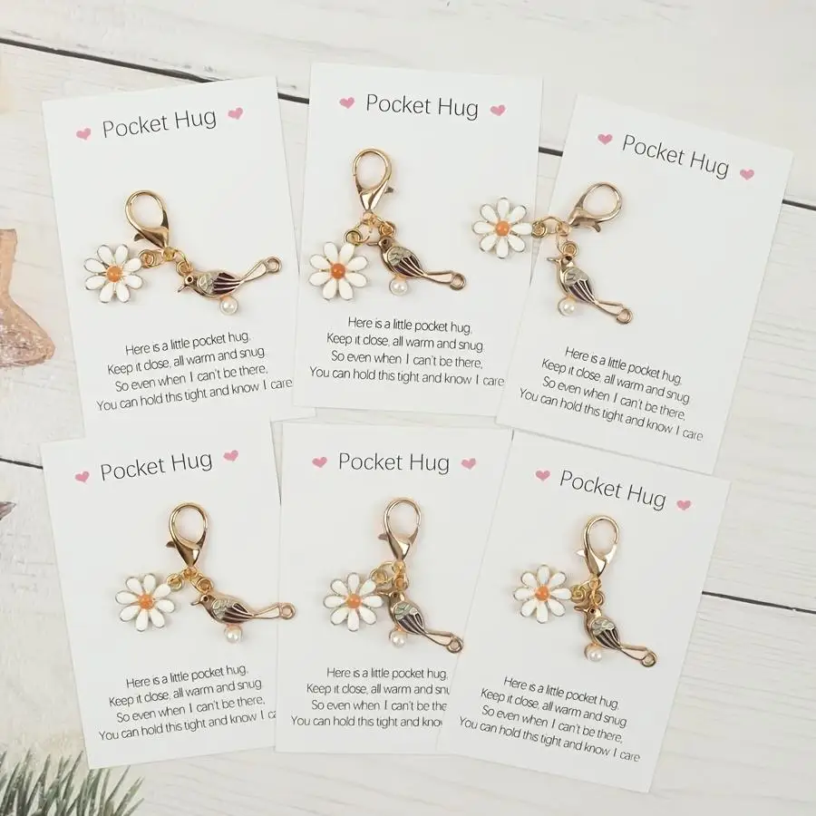1/5/10/20/50/100pcs s/s Cute Bird Flower Keychains, with Pocket Hug Card, Very Suitable for Backpack Charms, Decorative Gifts, B