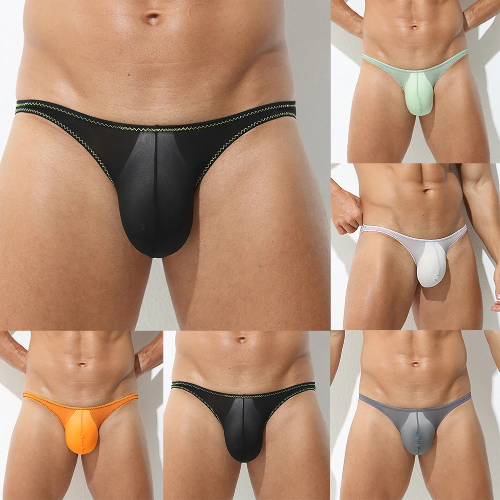 Men's Sexy Lingerie Sheer Bikini Comfortable Ice Silk Briefs Low-Waist Bulge Pouch Briefs Male Thin Underwear Elastic Underpants