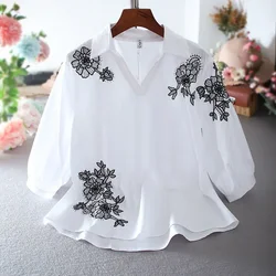 Blouse Women White Summer Cropped Sleeves Shirt Loose Embroidered Top Blusas Mujer De Moda