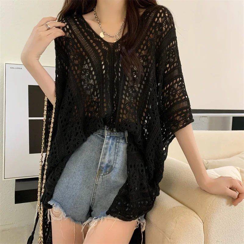 New 2024 Summer Sun Protection Knitted Shirts Women Loose Women\'s Blouse Short Sleeve Woman Long Tops Hollowed Out Clothes 26910