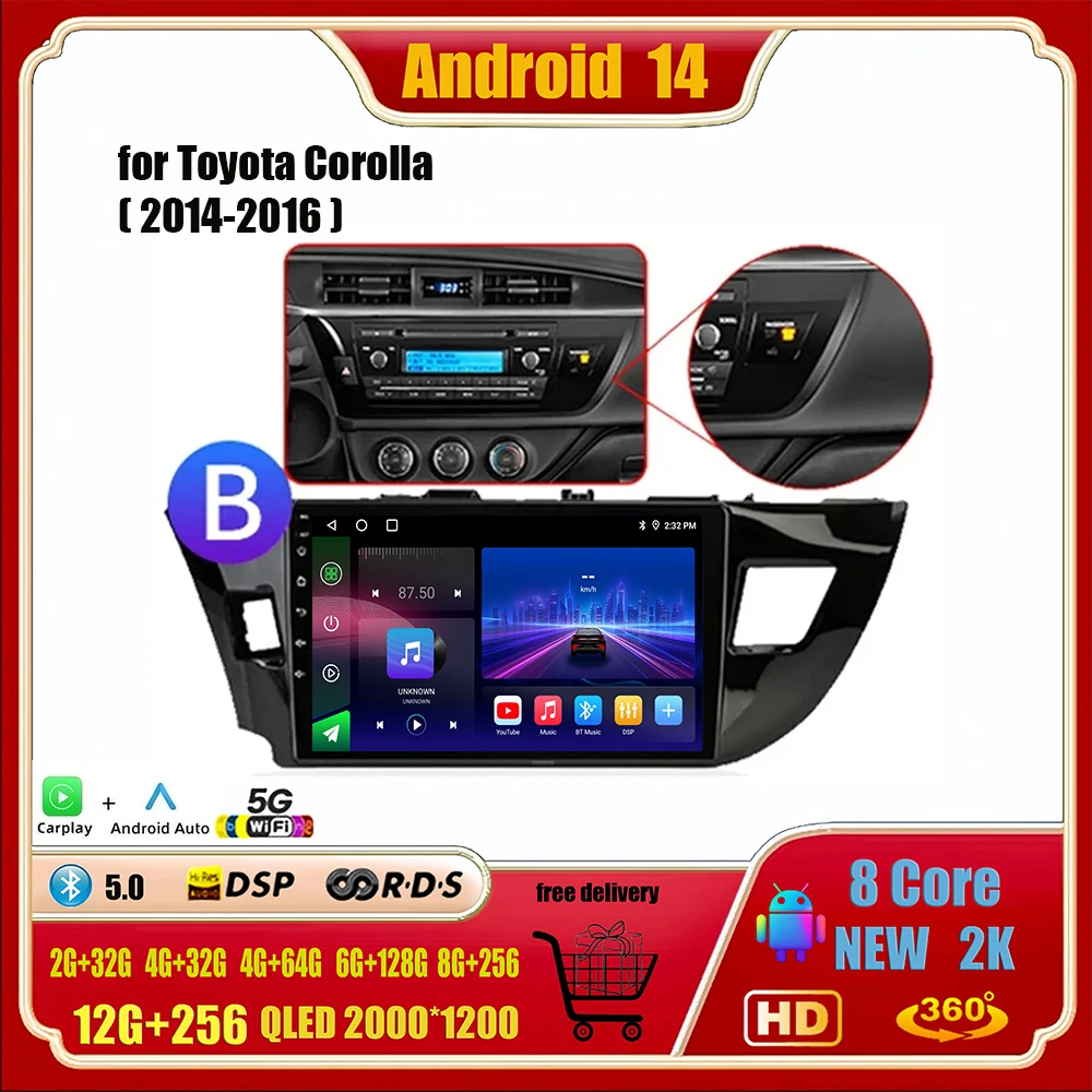 Android 14 2Din для Toyota Corolla Ralink 2013 2014 2015 2016 Автомобильный радиоприемник Мультимедийный видеоплеер Навигация 2 Din 4G Carplay GPS