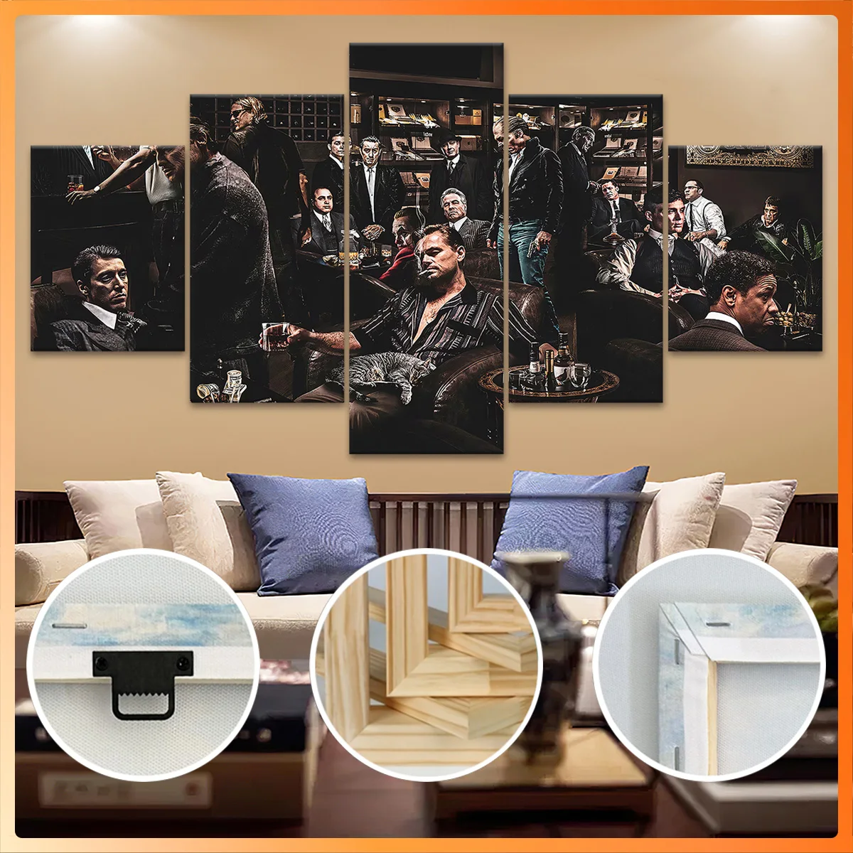 

5pcs Wooden Framed Canvas, Sophisticated Lounge Gathering Scene, Fashion Poster, Art for Home Decoration, Pattern Wall Art