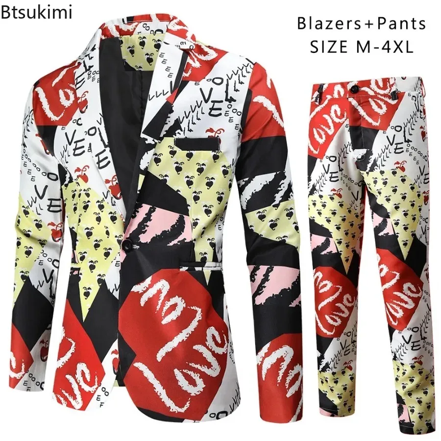 Zestawy garniturów męskich na przyjęcie świąteczne, płatek śniegu, Święty Mikołaj, uroczy, zabawny nadruk, marynarka, spodnie, Walentynki, ślub, moda, 2-częściowy komplet