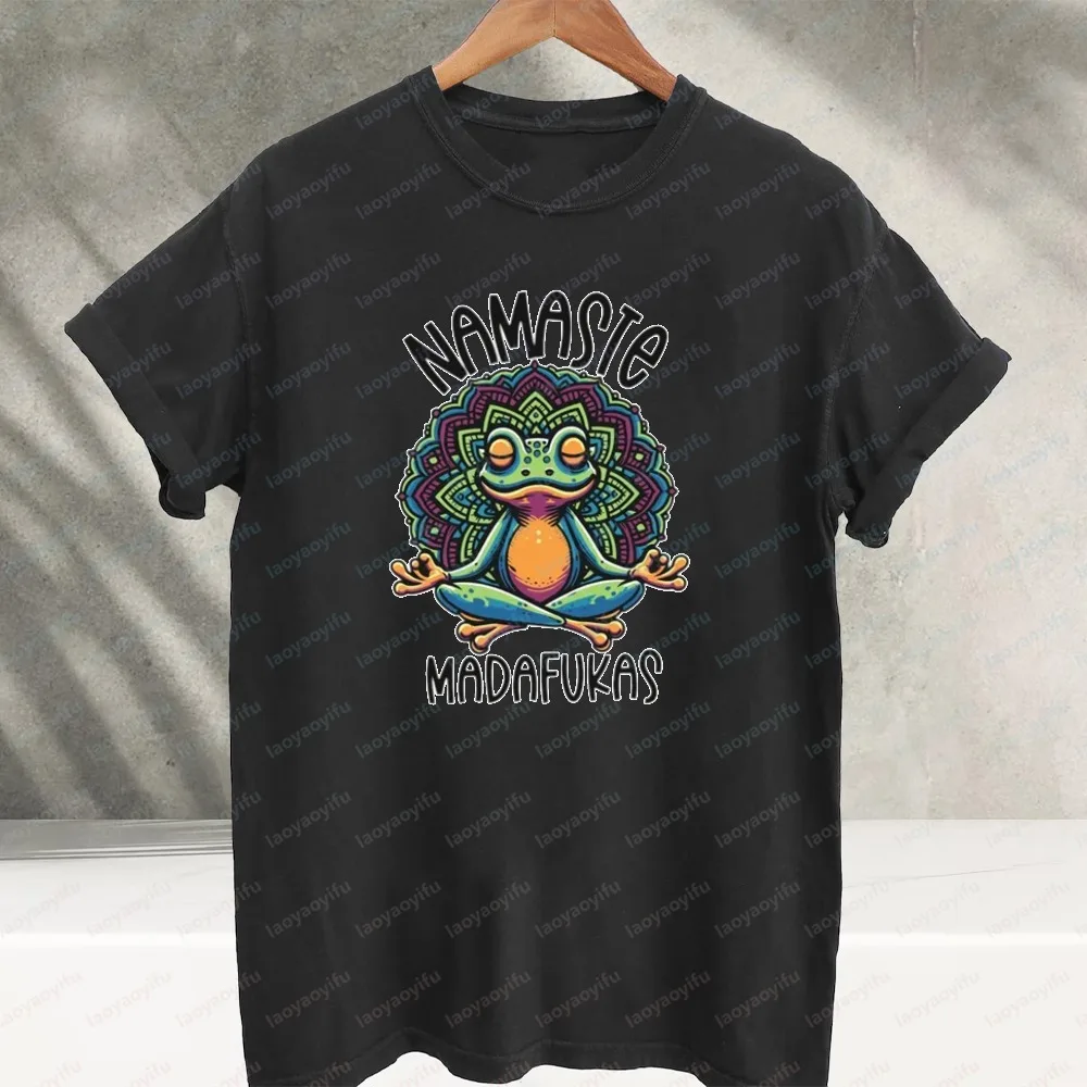 Namaste Meditating Yoga Frog Mandala Graphic T‑Shirt Colorful Psychedelic Zen Frog Meditation Print Cotton Casual Streetwear Tee