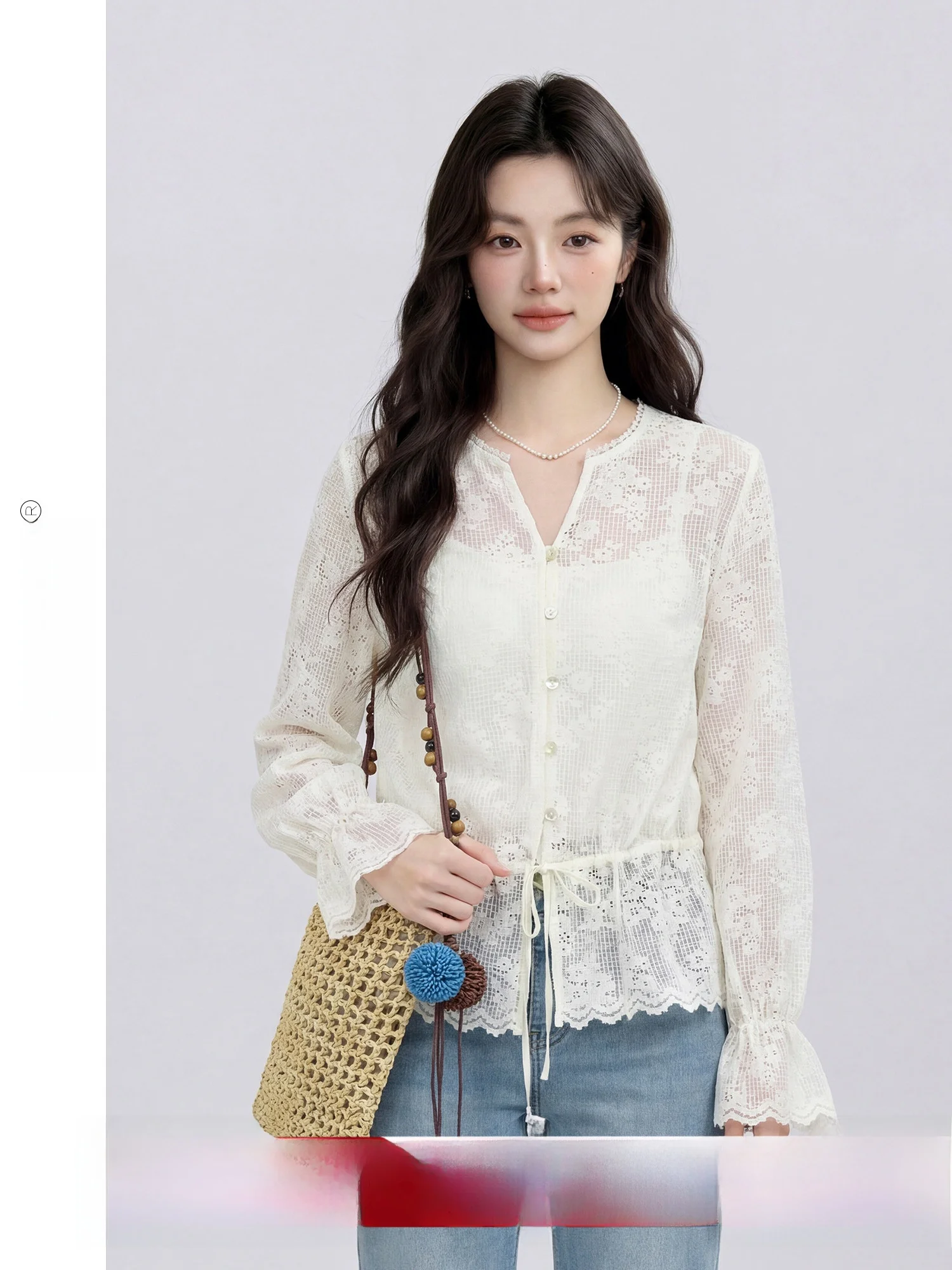 

Moonlight White Lace Embroidery V-Neck Breathable Open Cardigan Slim Fit Long Sleeve Shirt French Style Bell Sleeve Polyester