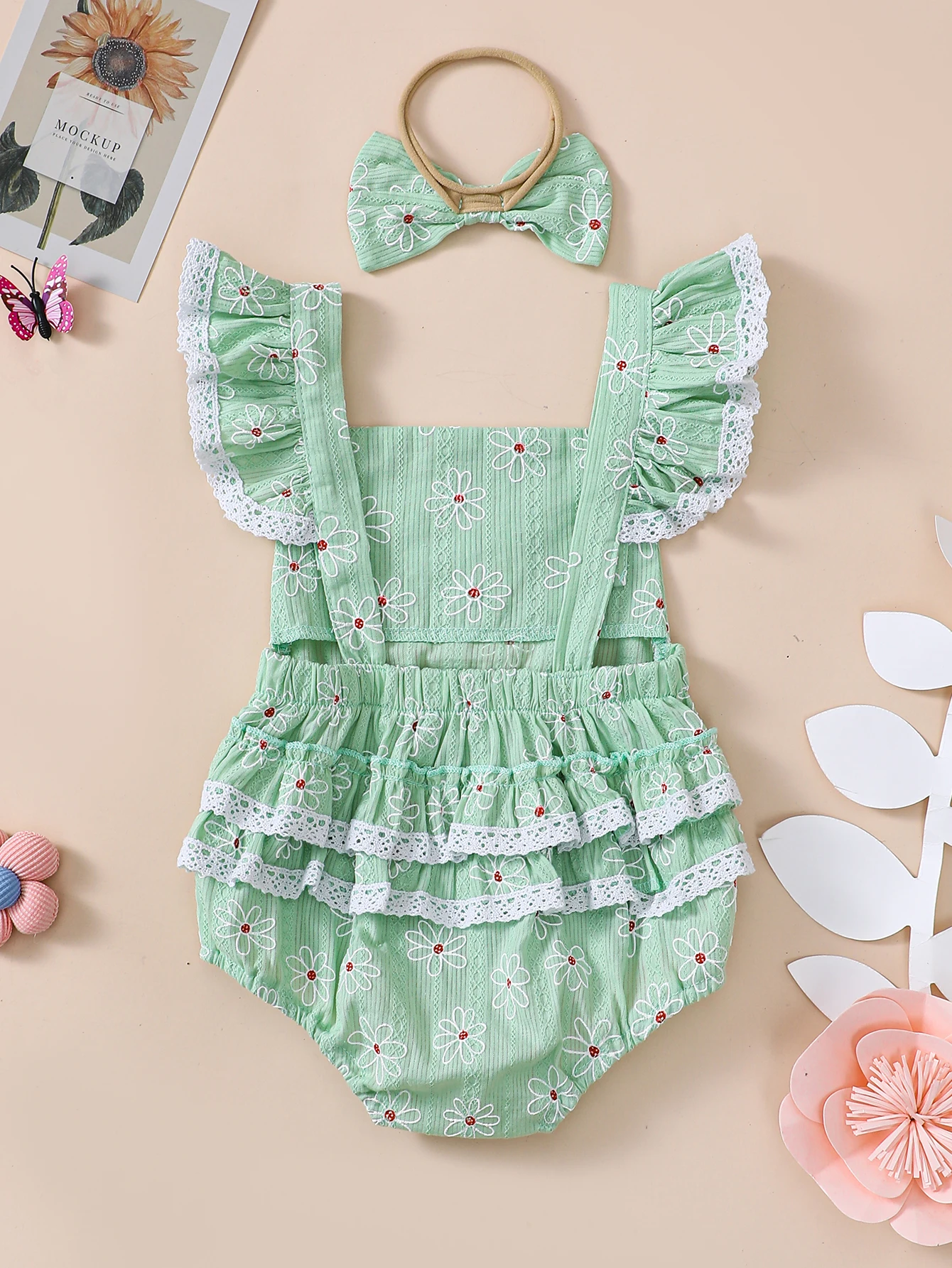 Set Of 2 Summer Baby Girls Cotton Lace Trimmed Triangular Pajamas, Crawling Suit With Bow Headdress, Soft, Comfortable And Easy