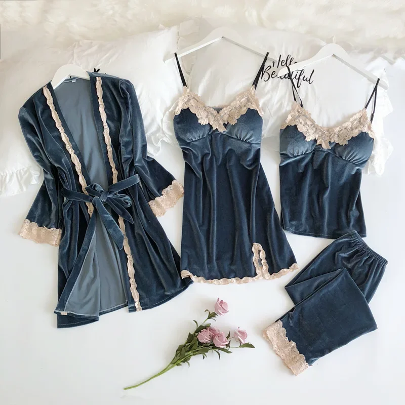 Lady Sexy Lace Full Slip Nightwear 4Pcs Pajamas Suit Warm Velour Nightwear Loose Cami Top&pants Casual Home Clothes Loungewear