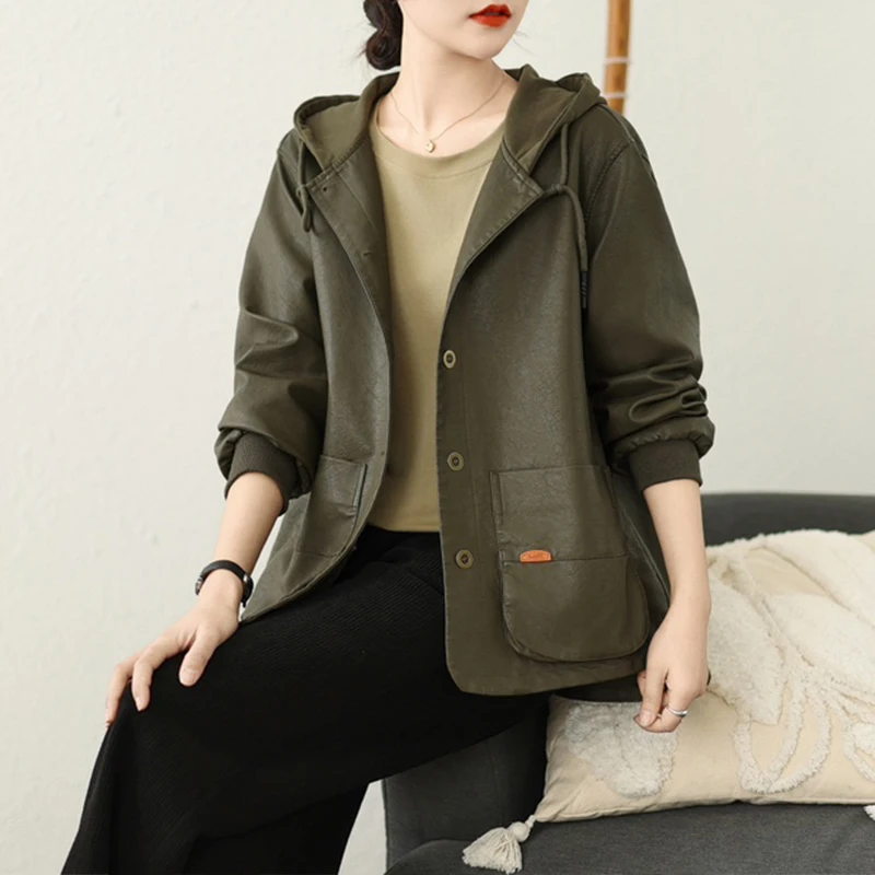 Masss Wasss coreano otoño mujer suelta con capucha ocio moda chaquetas de cuero de imitación mujeres clásico PU abrigos Vintage cortavientos