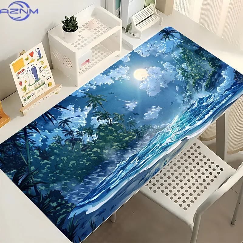 Teal Moon Forest Landscape Large Desk Mat, Crescent Moon Mountain Tree XXL Mouse Pad Non-Slip Rubber Lock Edge Gaming Keyboard M