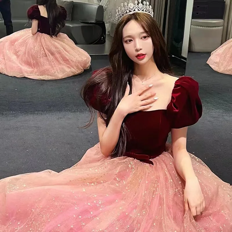 

Burgundy Square Neck Evening Dresses A-Line 2023 Summer Sexy Puff Sleeve Princess Birthday Ball Party Prom Gowns Robe De Soiree