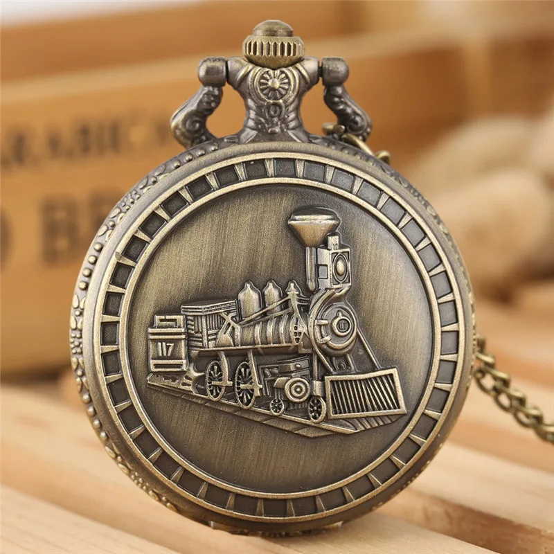 

Steampunk Pocket Watch Locomotive Steam Train Bronze Arabic Numeral Quartz Analog Clock Necklace Chain Unisex Timepiece Reloj