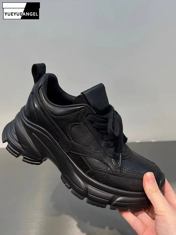 Fashion Lace-Up Thick Platform Genuine Leather Women Footwear Autumn Low Cut Cowhide Pumps Hot Sale Round Toe Casual Shoes