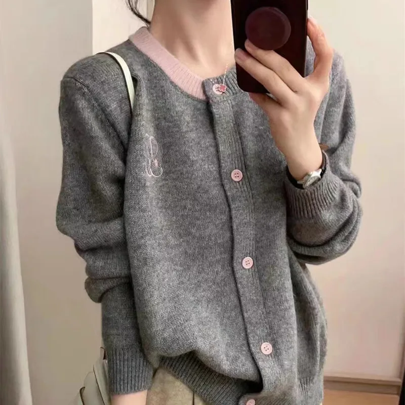 Embroidered Bunny Versatile Knitted Cardigan for Women Spring Autumn New Style Single-breasted Long-sleeved Loose Sweater Top