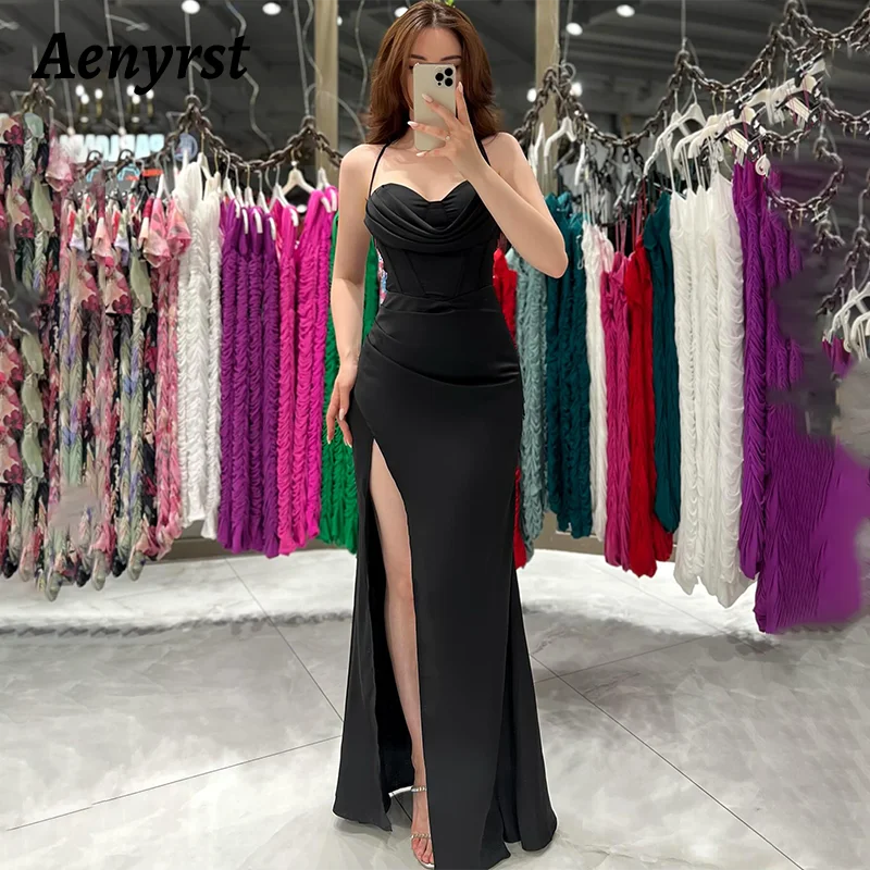 

Aenyrst Sexy Black Prom Dress Women Simple Spaghetti Strap Party Evening Dresses Floor Length High Slit Formal Occasion Gowns