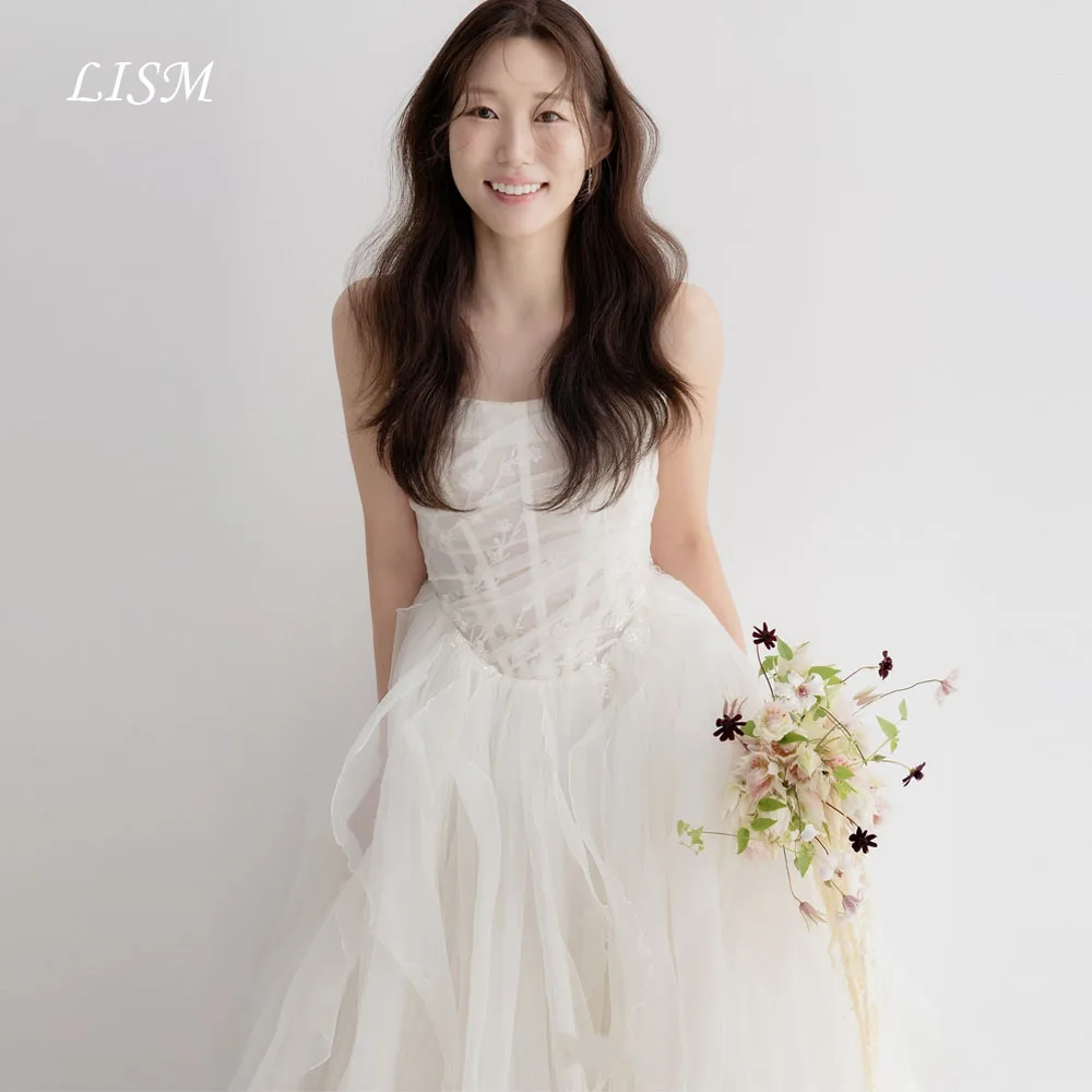

LISM Strapless A-Line Simple Korea Wedding Dresses Modern Silk Organza Photo Shoot Elegant Bridal Gowns 웨딩드레스 Customized