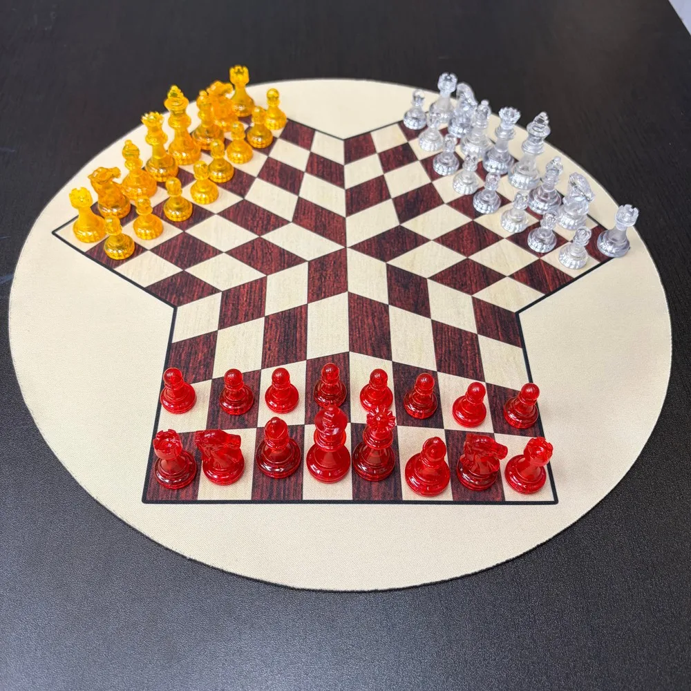 3-Player Chess Set with 48 pcs Pieces, Featuring Three-color High-end Pieces and a Large, Thick Rubber Board
