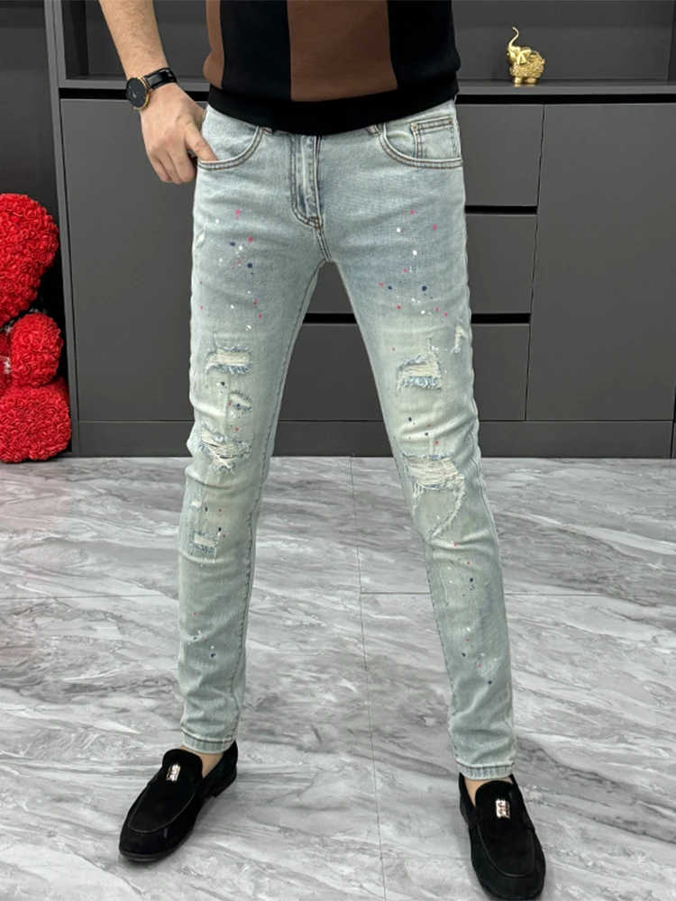 

Мужские зимние джинсы Faion Brand Waed, зауженные, с эффектом потертости, светлые, в стиле ретро, повседневные, с высокой талией, длиной 9/10