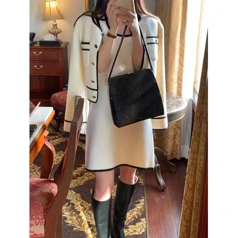 2 Piece Sets Womens Outfits Korean Elegant Cardigan White Woolen Jacket Mini Tank Black Dress Suits 2024 Fall Clothes