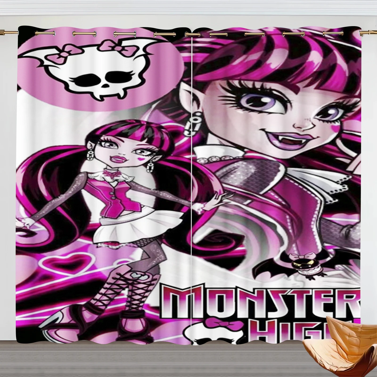 Cartoon Polyester Shade Curtains for Kids Bedroom, Monster High School, Home Window Curtain Decoration, Living Room, 2 Tablets